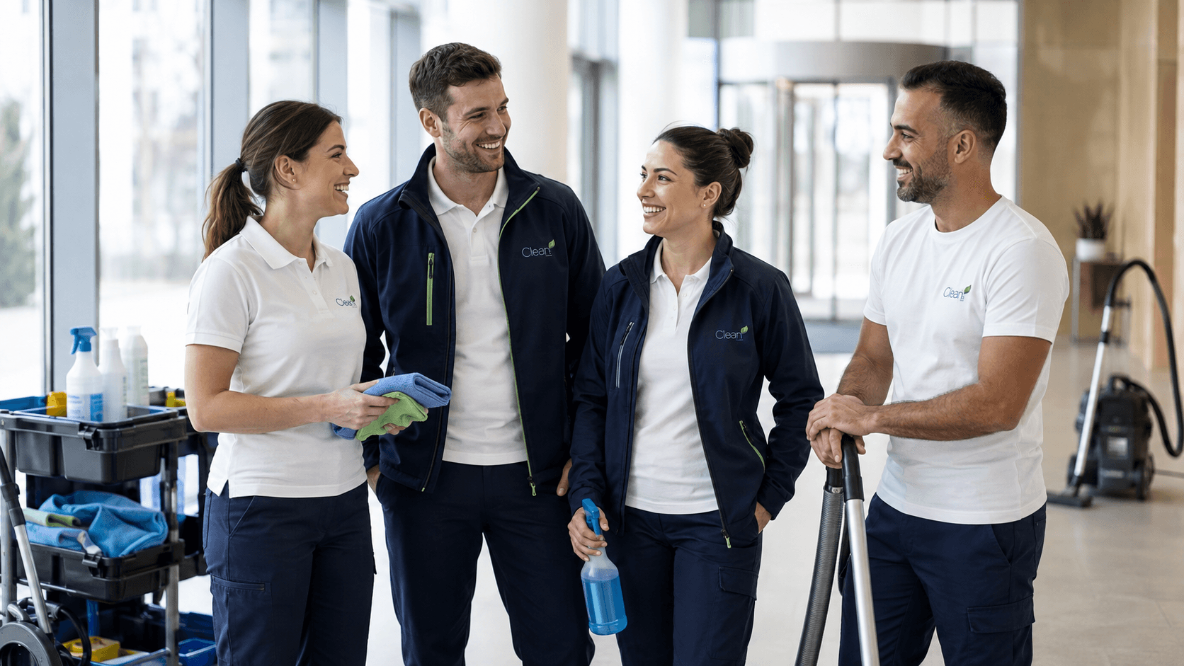 Clean24 Mitarbeitender bei professioneller Reinigungsarbeit in einer modernen Arbeitsumgebung.