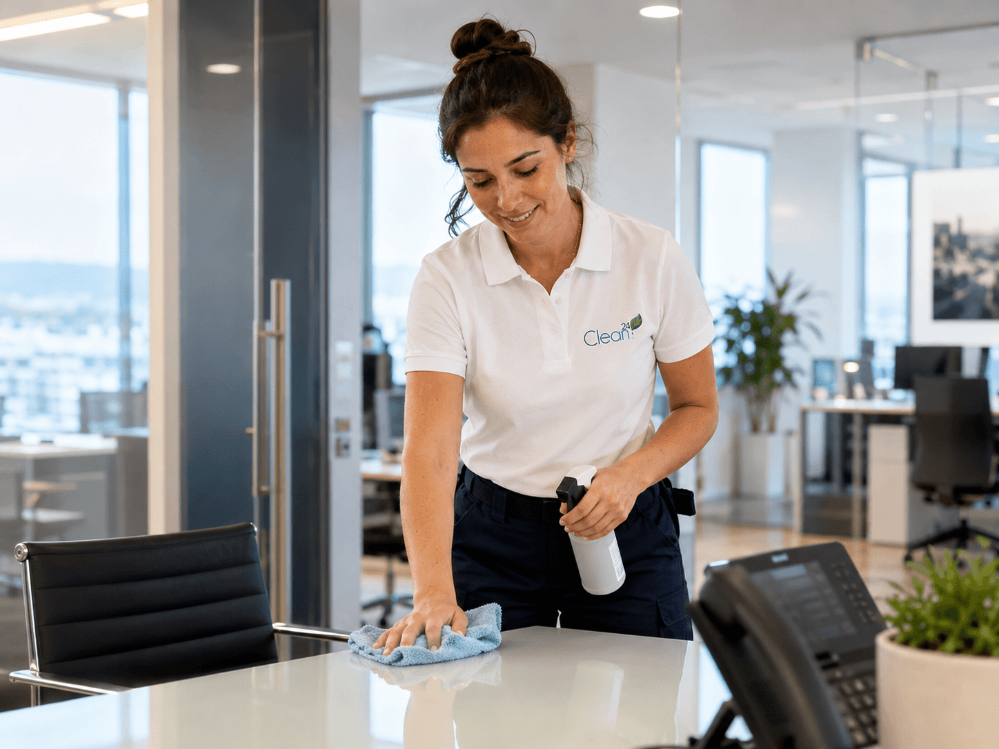 Clean24 Mitarbeiterin bei der Reinigung eines modernen Büros.