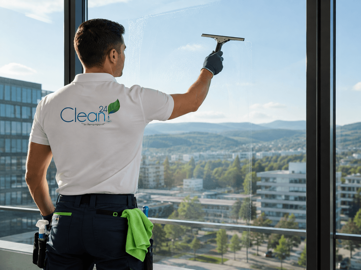 Clean24 Mitarbeiter bei der professionellen Fensterreinigung.