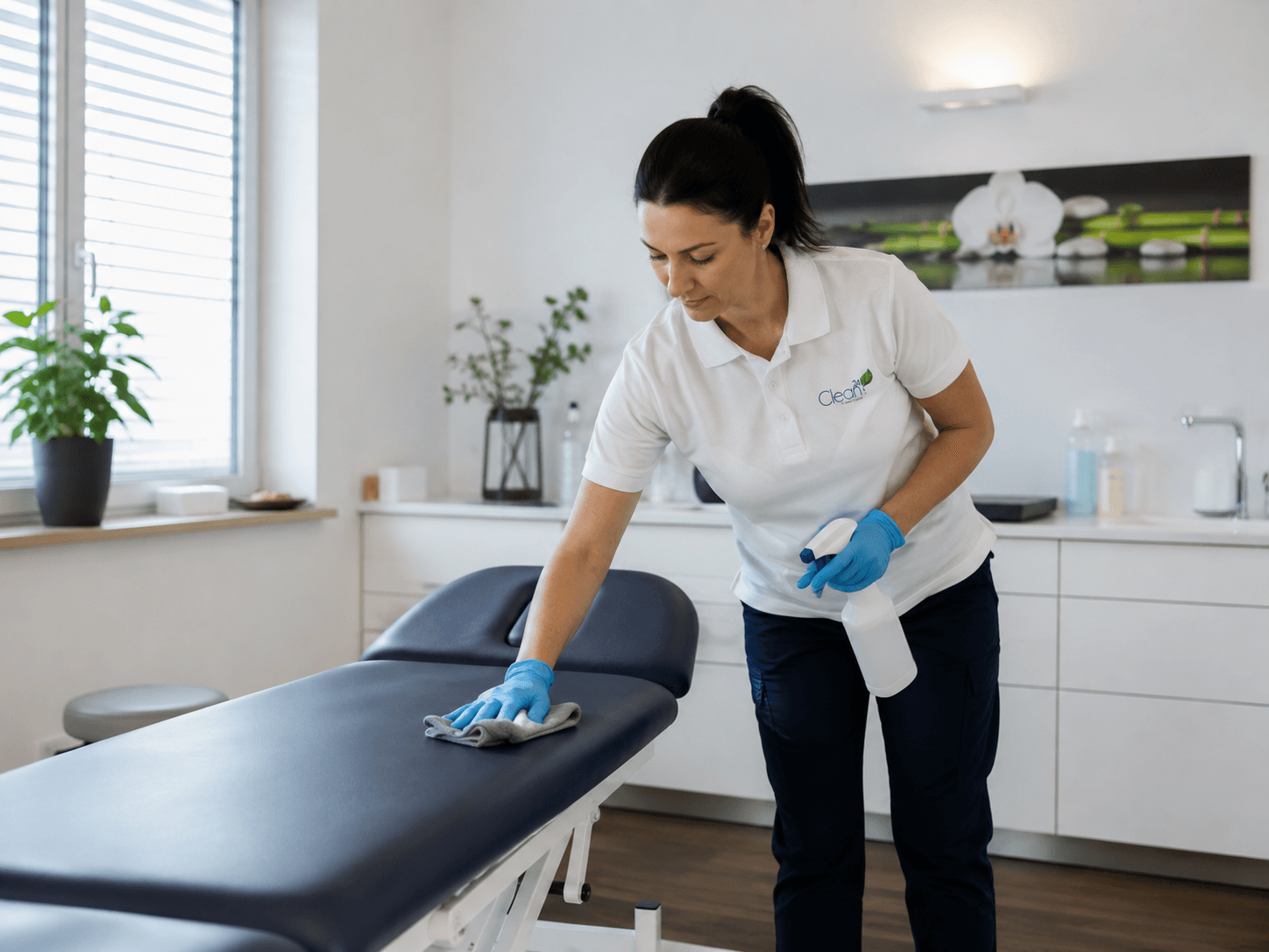 Clean24 Mitarbeiter bei der sorgfältigen Praxisreinigung.