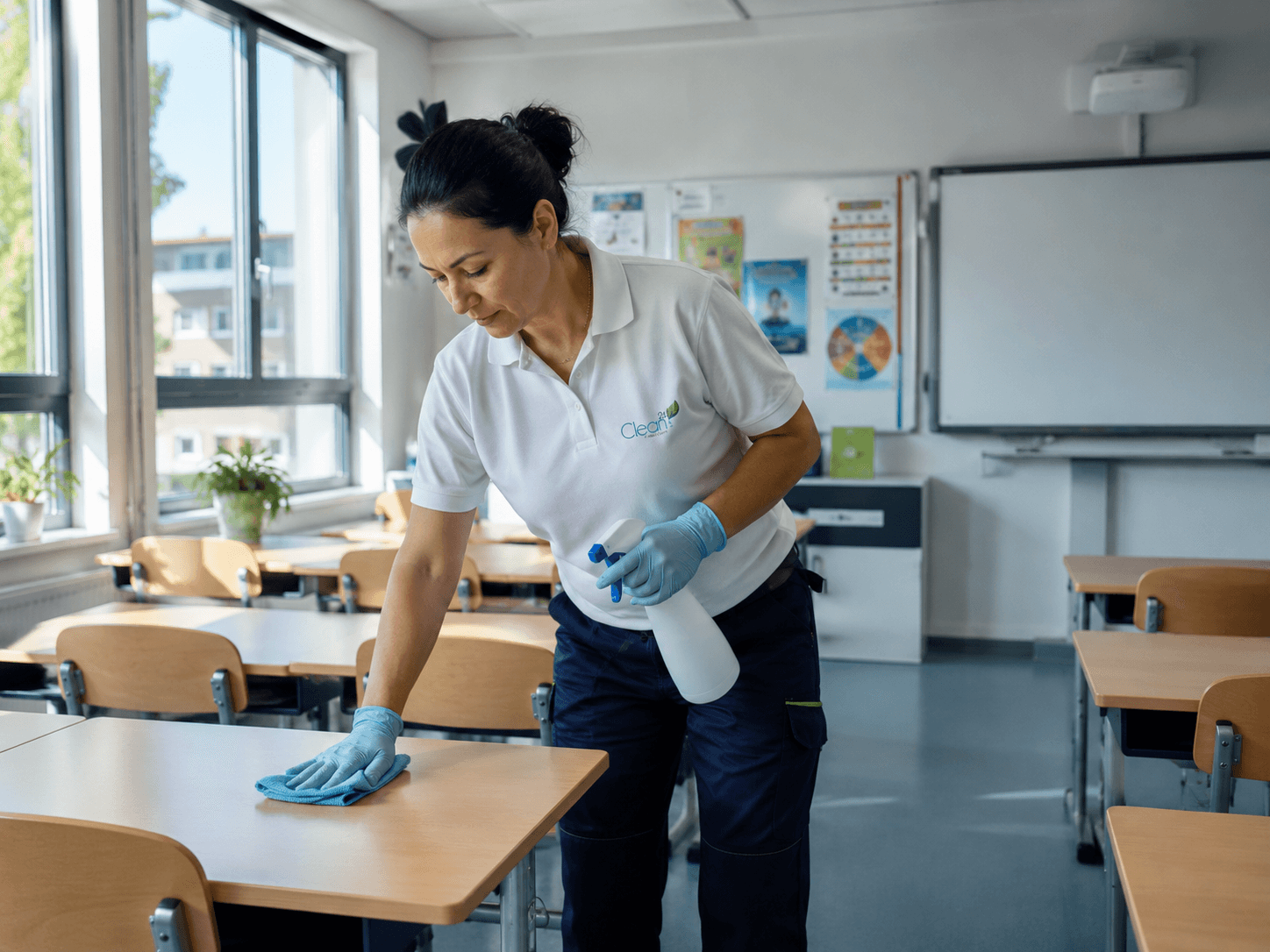 Clean24 Mitarbeiterin bei der Reinigung einer Bildungsumgebung.
