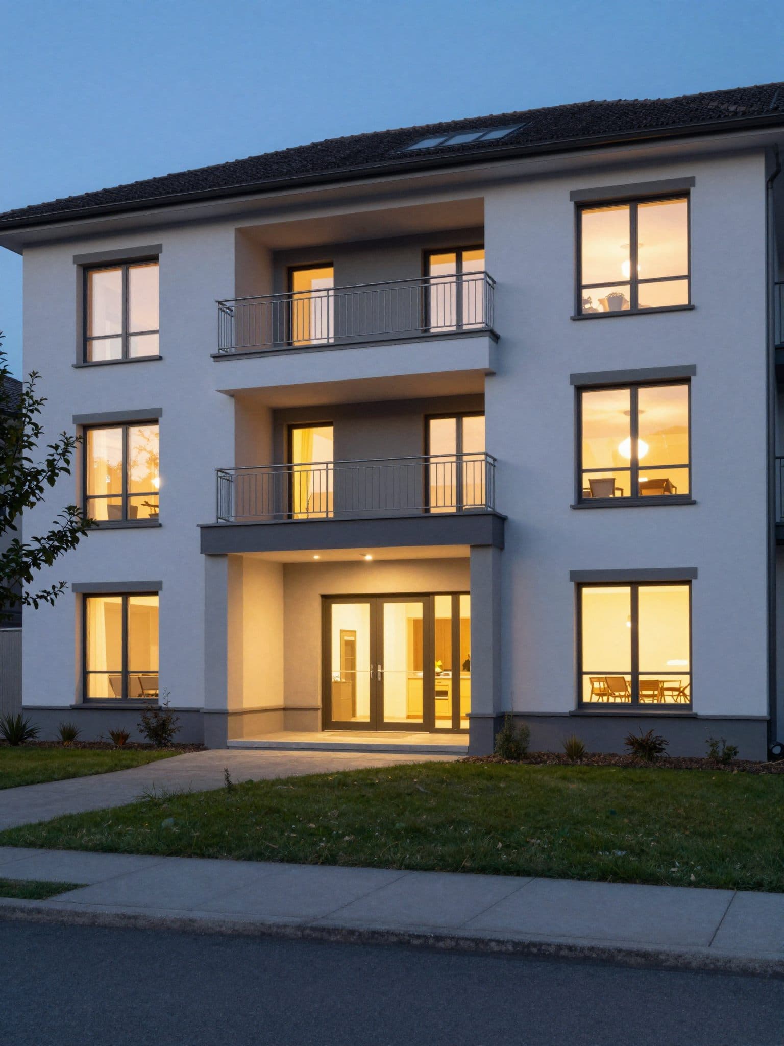 Moderne Schweizer Wohnliegenschaft in der Abenddämmerung mit beleuchtetem Eingang.