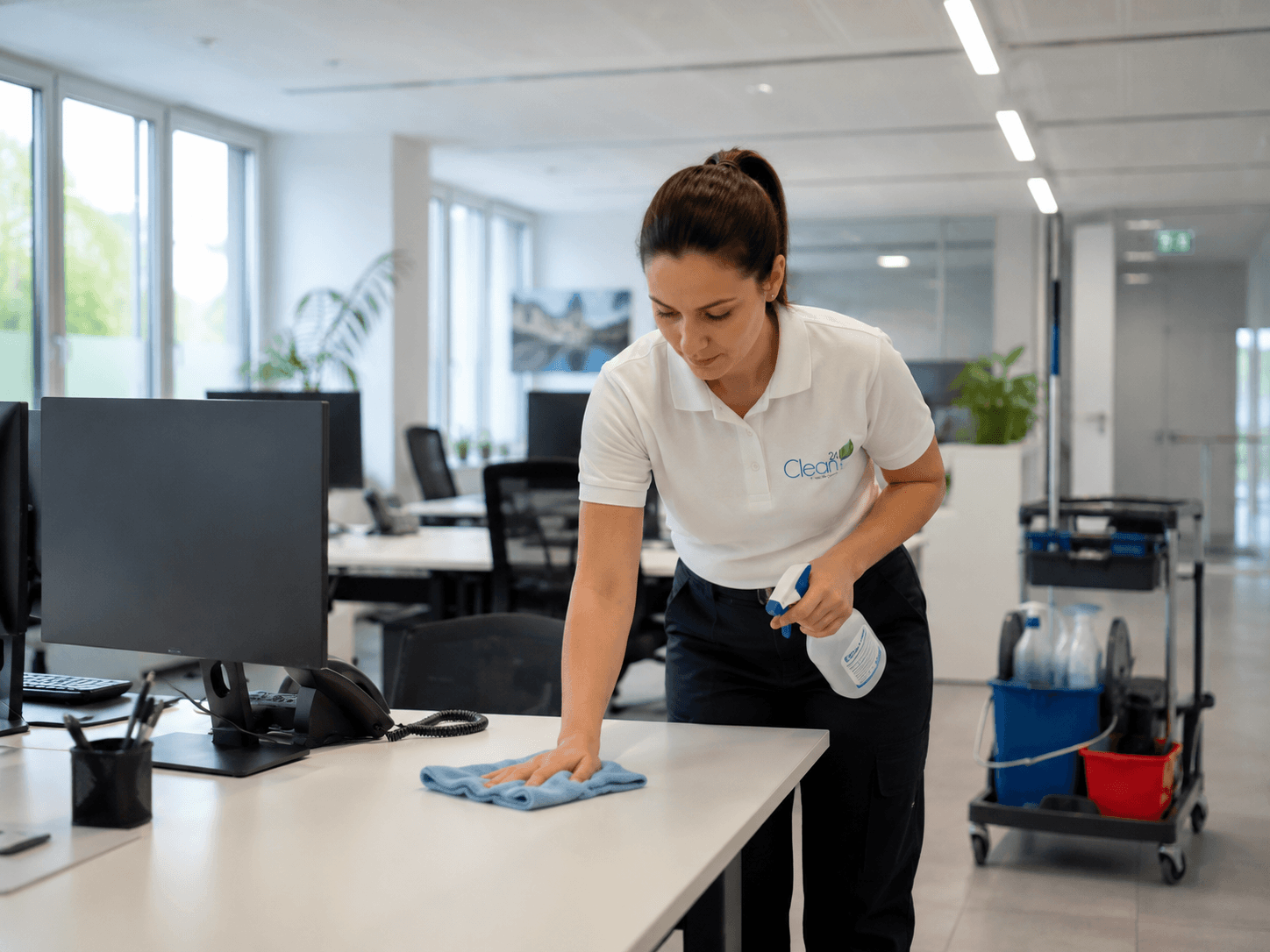 Clean24 Mitarbeiter bei der professionellen Büroreinigung.