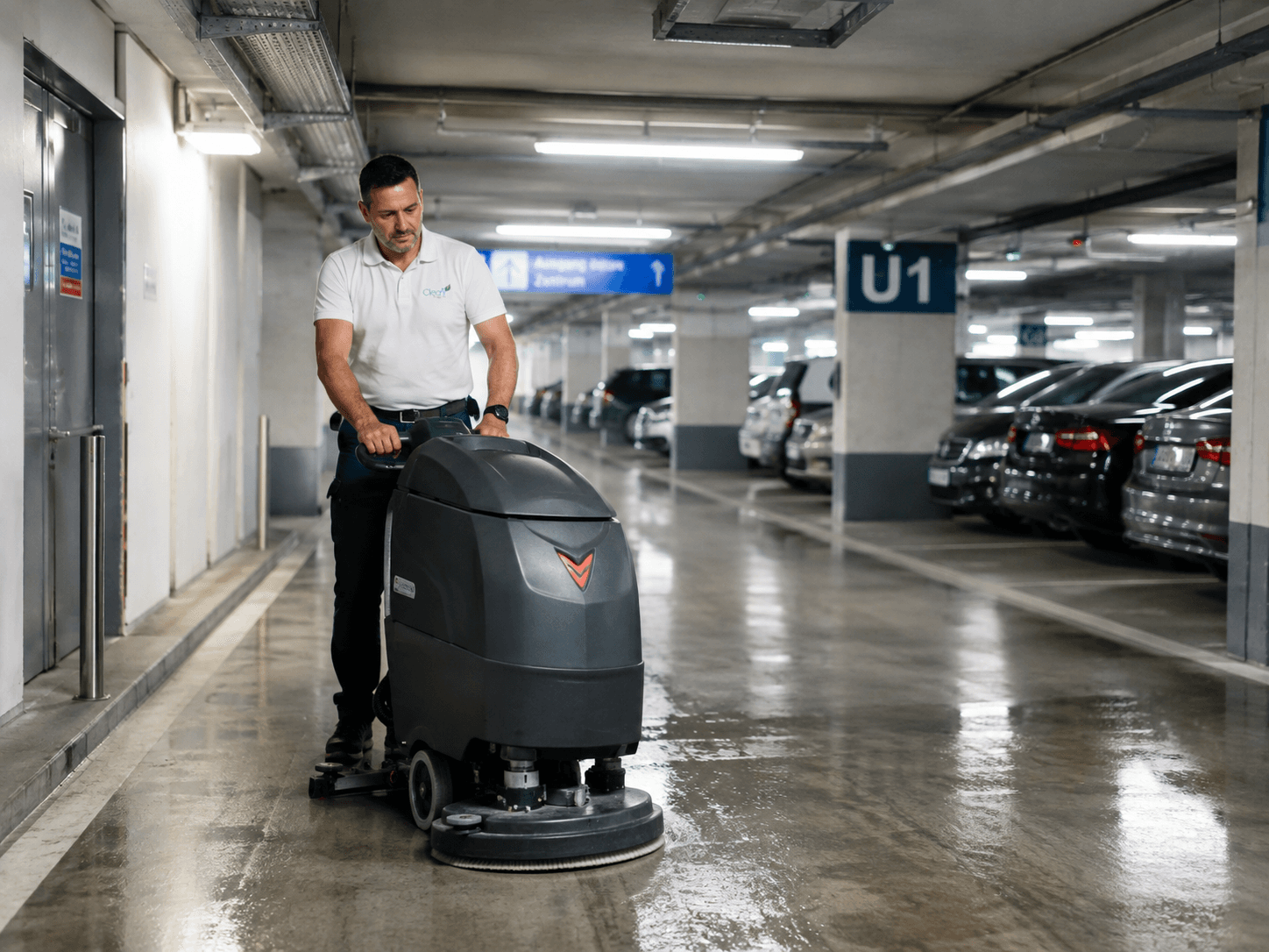 Clean24 Mitarbeiter bei der maschinellen Reinigung eines Parkhauses.
