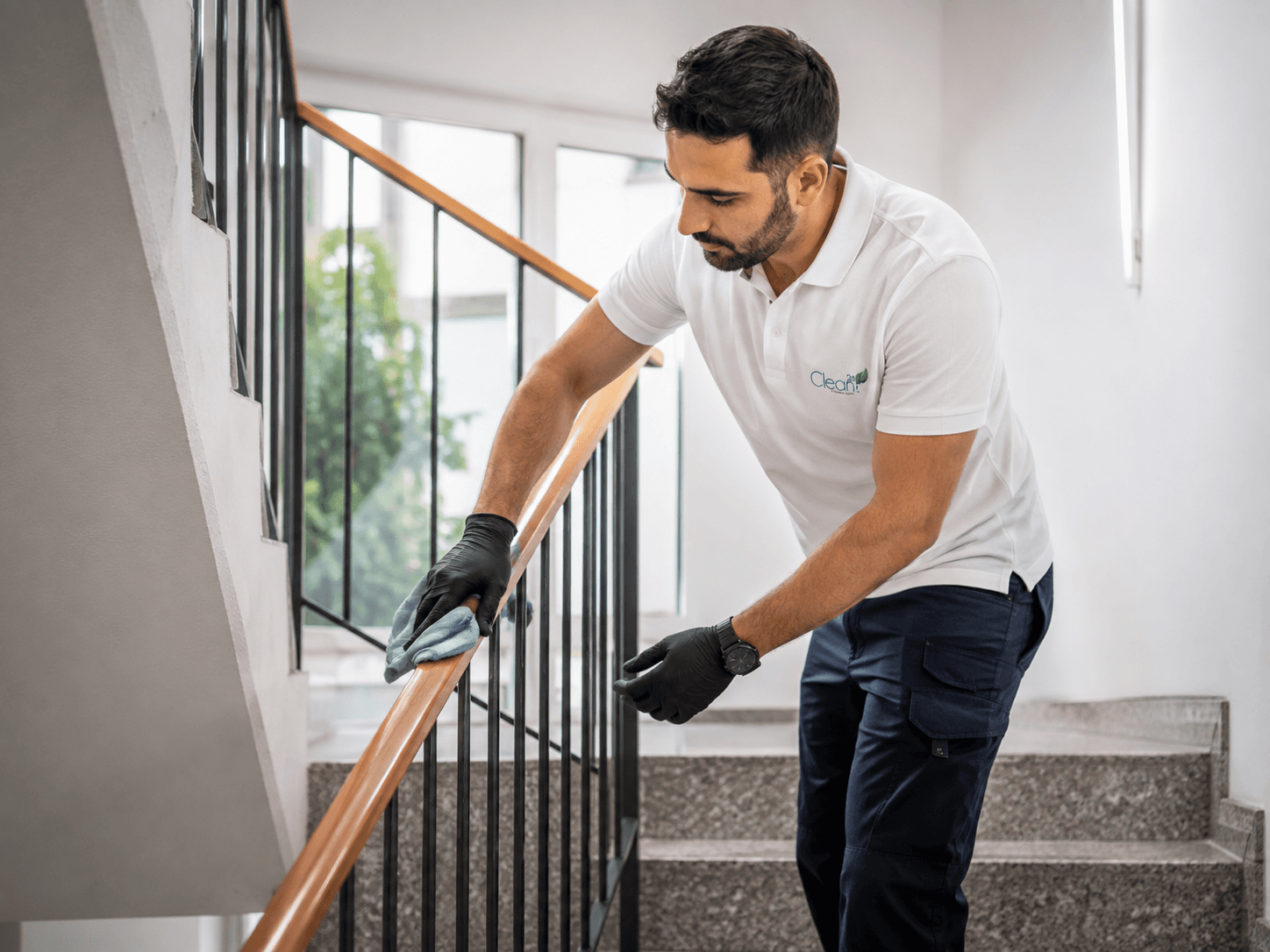 Clean24 Mitarbeiterin bei der Treppenhausreinigung in einer Liegenschaft.