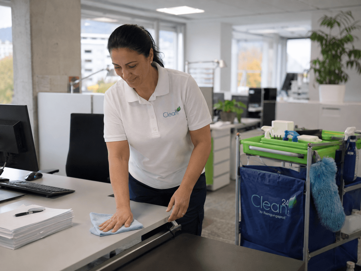 Clean24 Mitarbeiterin bei der regelmässigen Unterhaltsreinigung eines Büros.